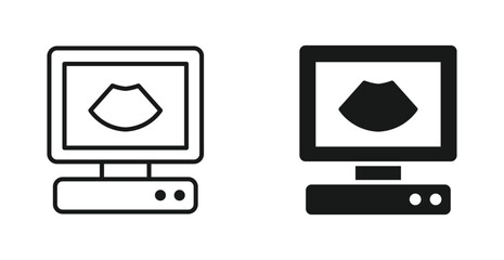 Ultrasound machine icon set in outline and silhouette style, symbolizing medical imaging, prenatal care, diagnostics, and healthcare technology, vector illustration.