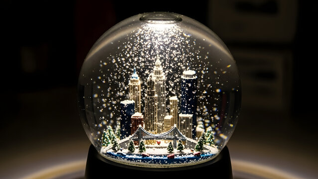 Snow globe featuring miniature new york city skyline with light effect on dark background - Powered by Adobe