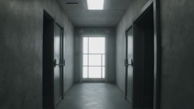 A dark corridor captured with dynamic camera movement, creating a cinematic, moody atmosphere. The scene evokes suspense, mystery, and tension, ideal for thriller or dramatic visual storytelling.