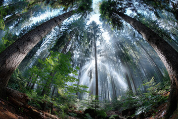 Sunbeams illuminate misty forest floor through tall trees