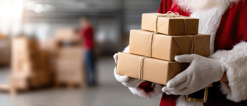 Santa Claus holds cardboard boxes in a busy warehouse while workers move packages during the holiday season