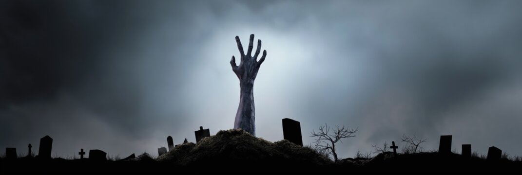 Eerie graveyard scene with emerging zombie hand at night