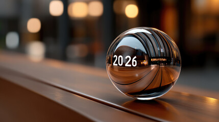 Crystal ball glowing with mystical aura, revealing the future year 2026 with astrological symbols, zodiac constellations and cosmic energy in deep magical atmosphere, copy space