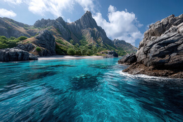 Serene tropical landscape featuring clear blue waters and rugged mountains