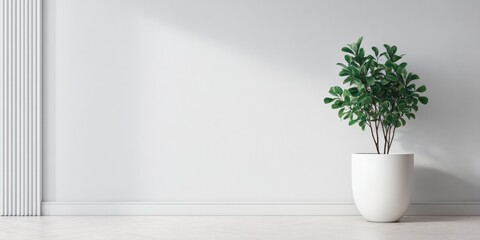 Fototapeta premium A minimalist interior featuring a green plant in a sleek white pot against a neutral wall, highlighting modern design and tranquility.