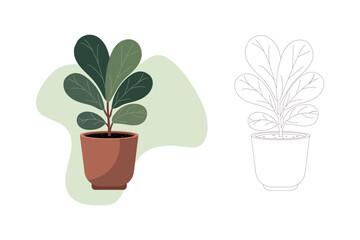 Vector illustration of a potted indoor plant with flat color version and clean outline coloring page, perfect for posters, wall art, branding, packaging, kids worksheets, printables, web banners.