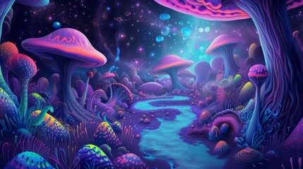 Fantasy landscape with giant glowing mushrooms and neon river. Surreal alien planet with starry cosmic sky. Magic forest background