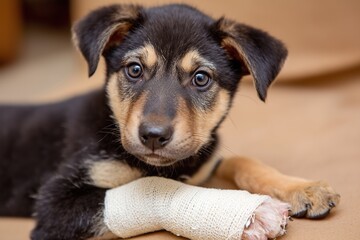 A puppy with a bandaged paw lying on floor.