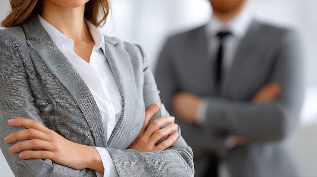 Confident young business professionals pose together in office with a backdrop of a modern city skyline while working on a project plan concept