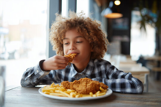 A child eating fried chicken and fries at a table.