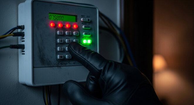 Man in black glove attempting to disarm a home security system during a burglary attempt. Concept of crime, theft, and home invasion. - Powered by Adobe