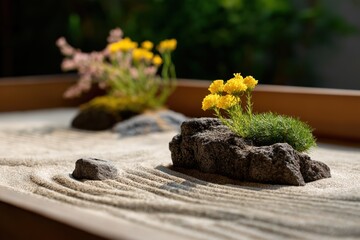 Serene zen garden with rocks and yellow flowers under sunlight