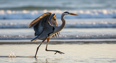 Great blue heron walking on a beach with wings partially spread
