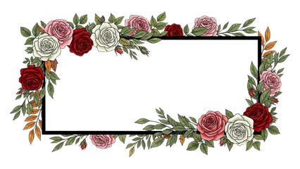 High-quality colorful black outline art of a rectangular floral border with roses and leaves, elegant botanical line design, flowing around the edges