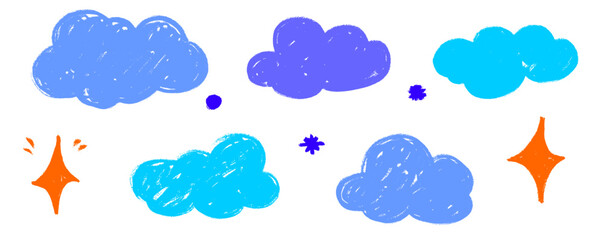 Pastel cloud sketches mixed with crayon strokes create a light hand-drawn illustration, sprinkled with star elements. Cloud outlines, pastel shading and crayon marks pair with bright star accents.