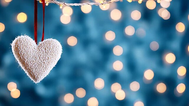 Elegant heart ornament dangling amidst warm festive lights with gentle movement