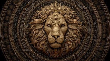 Golden lion head inside decorative circle representing zodiac sign Leo, elegant astrological symbol design with copy space