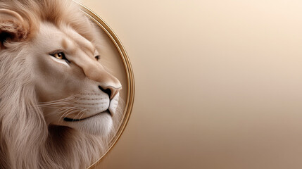 Golden lion head inside decorative circle representing zodiac sign Leo, elegant astrological symbol design with copy space