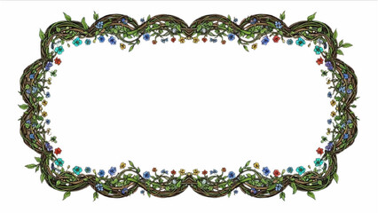 High-quality colorful black outline art of a scalloped frame made of intertwining vines and tiny flowers, elegant botanical line design 
