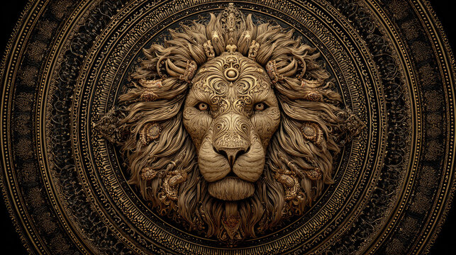 Golden lion head inside decorative circle representing zodiac sign Leo, elegant astrological symbol design with copy space