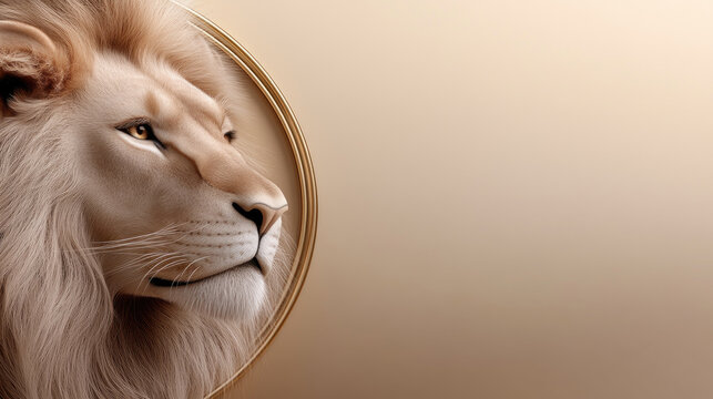 Golden lion head inside decorative circle representing zodiac sign Leo, elegant astrological symbol design with copy space