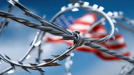 American flag waves behind barbed wire with blue sky backdrop, symbolizing freedom and confinement, captured at a prison location