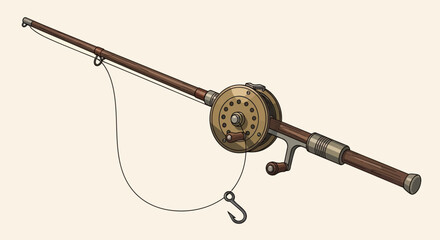 Vintage Fishing Rod and Reel with Hook and Line.