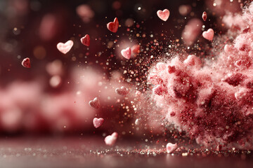 Valentines Day background. Heart-shaped particles floating in deep red background with glowing ambiance