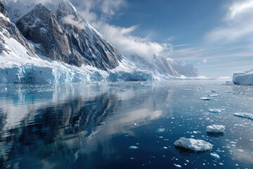 Fototapeta premium Majestic icebergs reflect in calm Arctic waters under a clear sky in a remote location