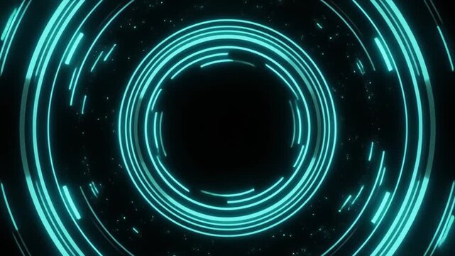 Cyan Neon Concentric Circles Pulsating on a Starry Dark Background abstract blue