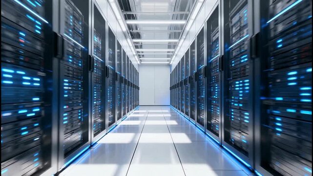 High-Tech Data Center with Glowing Blue Server Racks and Futuristic Lighting