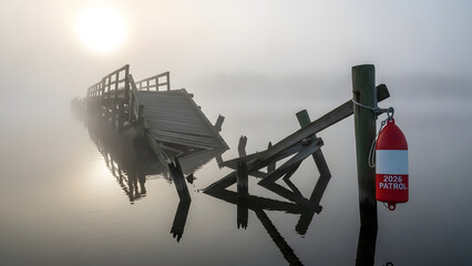 Dilapidated wooden boardwalk partially submerged in mist covered water with rescue buoy marked 2026 patrol symbolizing difficulty and surveillance