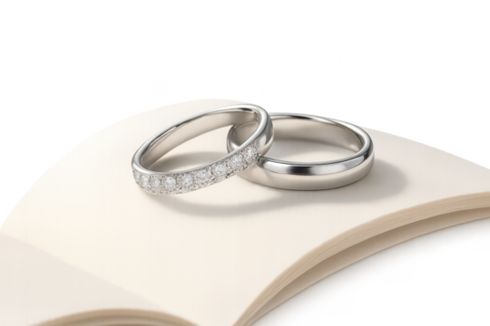 Elegant diamond and plain wedding rings on an open book, isolated transparent background - Powered by Adobe