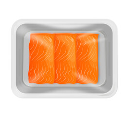 Raw salmon fillets in plastic packaging tray