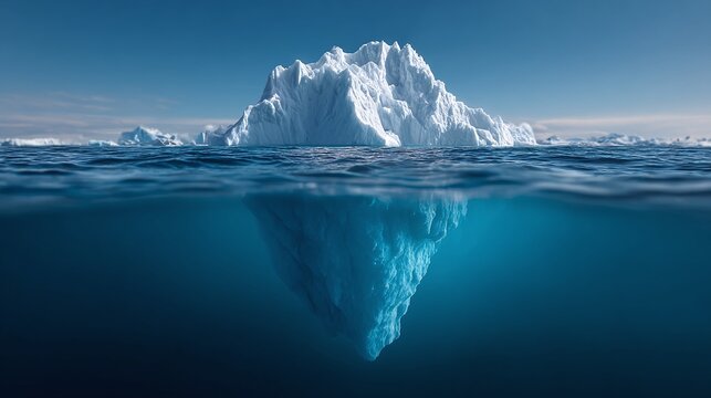 Majestic iceberg floating in the frigid ocean, showcasing its towering size and hidden underwater mass. A stark reminder of nature's power and icy realm's allure.