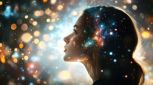 Surreal woman in cosmic universe surrounded by glowing stars, magical galaxy scene with radiant light, dreamy fantasy concept, copy space - Powered by Adobe