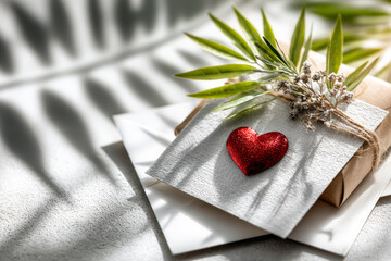 Valentines Day background. Minimal Valentine card with red heart on white matte paper and copy space