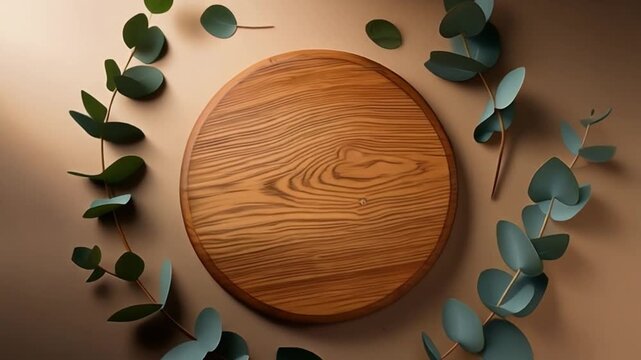 Wooden Plate with Eucalyptus Leaves - A Natural and Minimalist Display.