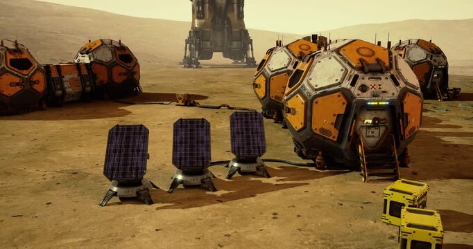 Habitat modules are set up on the barren Martian landscape, surrounded by solar panels that provide energy. A spacecraft is visible in the background, indicating ongoing exploration and research.