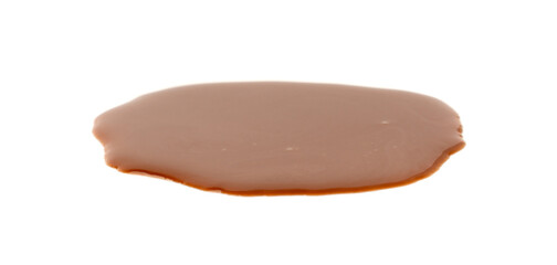 Spilled chocolate milk isolated, hot chocolate puddle, liquid stain, coffee splatter, brown latte