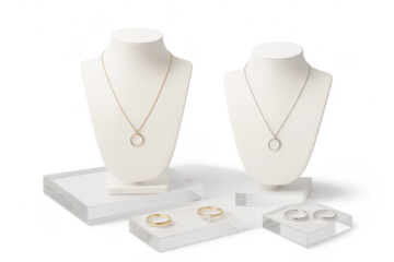 Elegant jewelry display with necklaces and rings, isolated transparent background.