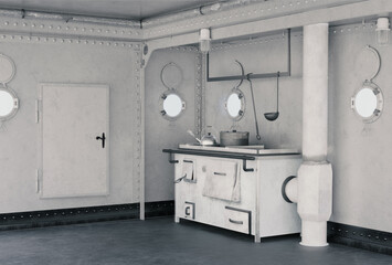 Iron boat galley on a historic boat with kitchen interior
