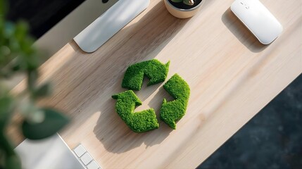 Overhead Green Moss Recycle Symbol on Minimalist Wooden Desk in Bright Modern Office