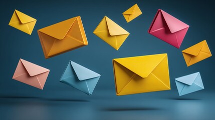 Floating envelopes in assorted colors, a visually engaging arrangement on a blue background. Symbolizing communication, mail delivery, and the exchange of information.