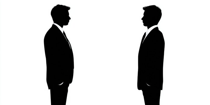 Two silhouetted figures in suits face each other, representing confrontation, dialogue, or negotiation in a professional context.