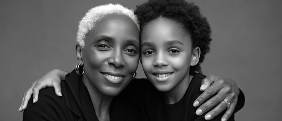 Happy grandmother and granddaughter share a warm embrace in black and white with a simple gray background showcasing their bond and joy