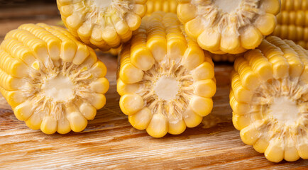 Sweet corn ears closeup. Fresh maize cob macro texture, autumn sweetcorn, corncob close up