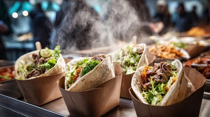 Sizzling delights!  A vibrant array of tacos served with fresh greens and savory fillings, steaming with flavor in a bustling market setting. A culinary journey awaits! #StreetFood
