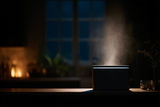 A sleek countertop composter emits steam as it operates in a dimly lit kitchen