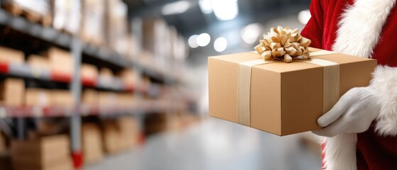 Santa Claus carrying a Christmas present in a warehouse filled with boxes during the festive season